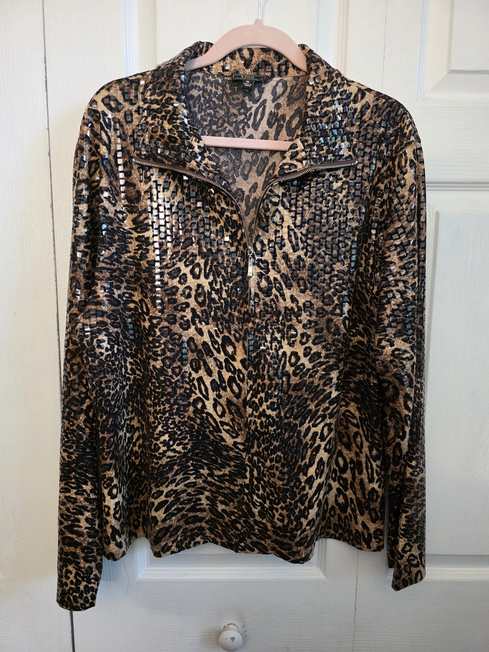 Lisa International Leopard Print Zip Front Jacket - Brown/Black